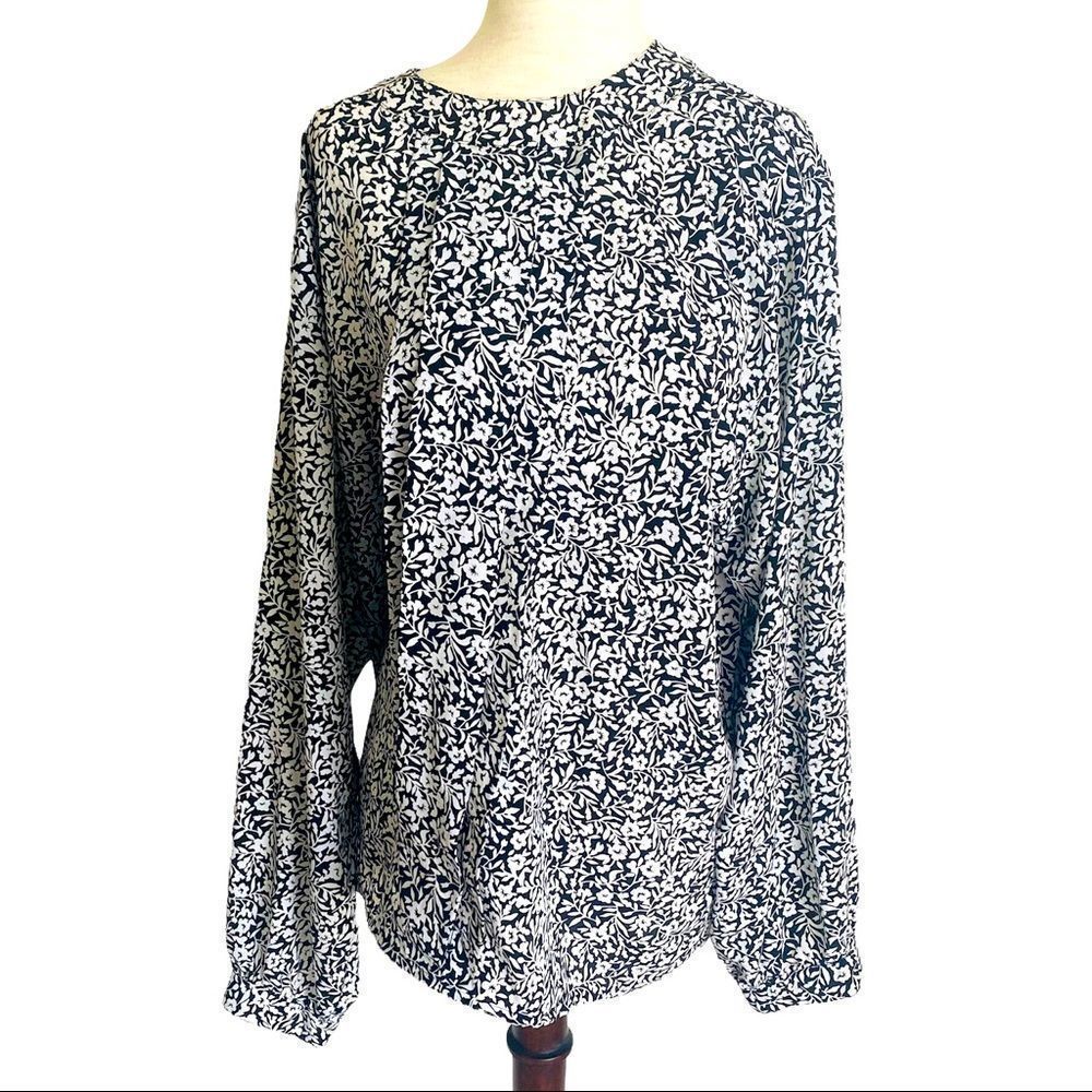 VINTAGE KB Lawrence Black and White Floral Blouse Work Wear 1990s Long Sleeve 16